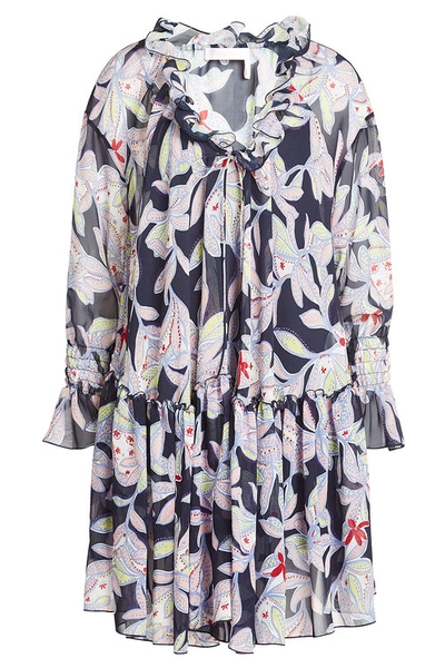 See By Chloé Ruffled Floral-print Silk-crepe Dress In Blue Diamond