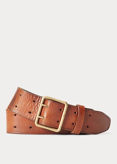 Double Rl Tumbled Leather Belt In Vintage Tan/brass
