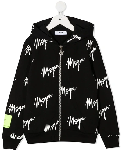Msgm Kids' All Over Print Cotton Sweatshirt Hoodie In Black