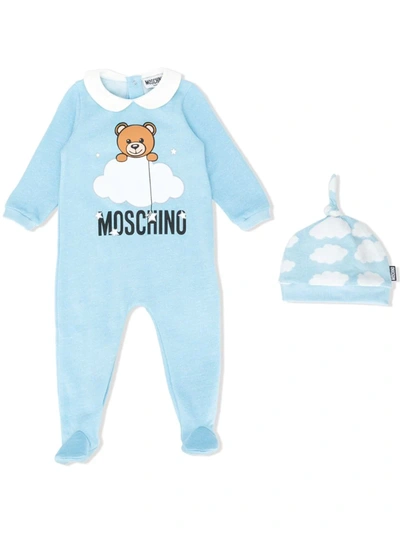 Moschino Babies' Cotton Sweat Romper & Hat W/ Patch In Azzurro