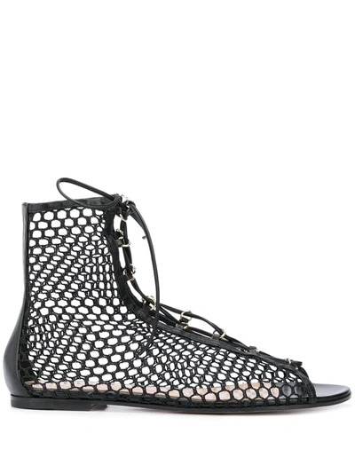 Gianvito Rossi Fishnet Lace Up Flat Leather Boots In Black
