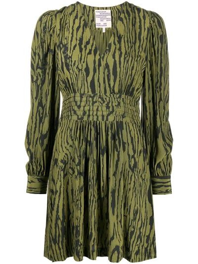 Baum Und Pferdgarten Astrella Woodcut Print Long Sleeve Fit & Flare Dress In Olive