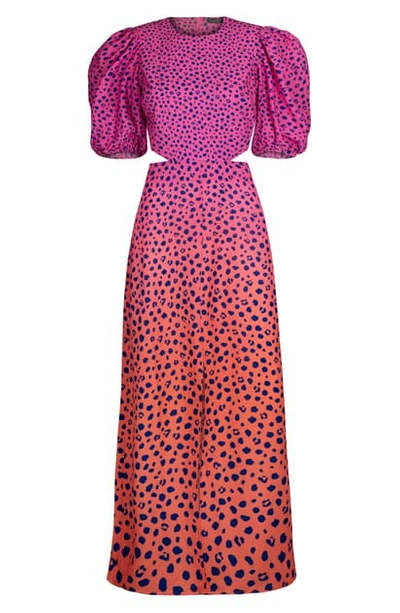 Afrm Liza Puff Sleeve Cutout Midi Dress In Pink Ombre Leopard