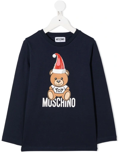 Moschino Kids' Holiday Bear Long-sleeve T-shirt In Blue