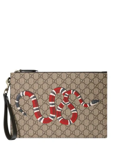 Gucci Bestiary Pouch With Kingsnake In Beige/ebony Gg Supreme