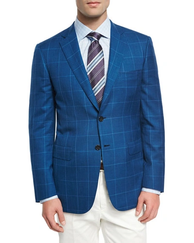 Brioni Windowpane Wool-linen-silk Sport Coat, High Blue