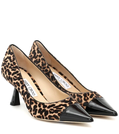 Jimmy Choo Rene 65 Leopard-print Goat Hair And Patent-leather Pumps In Beige