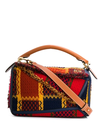 Loewe Puzzle Small Leather-trimmed Tartan Bag In Red