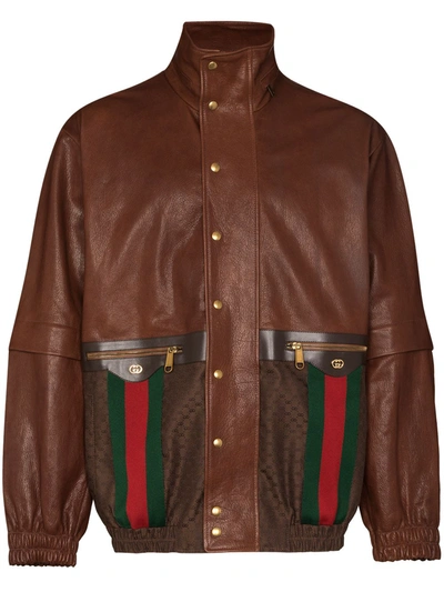 Gucci Web Striped Leather Jacket In Brown