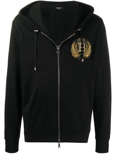 Balmain Logo-embroidered Zipped Cotton Hooded Sweatshirt In Black