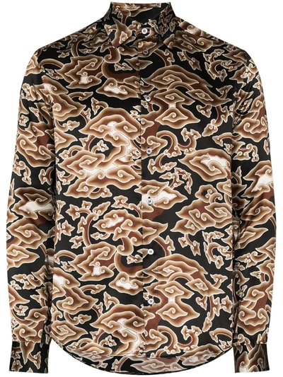 Edward Crutchley Cloud-print Silk-satin Shirt In Brown