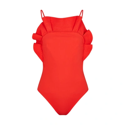 Angelys Balek Red Ruffle-trimmed Swimsuit