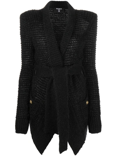 Balmain Tie-waist Knitted Cardigan In Black