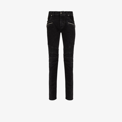 Balmain Monogram Ribbed-detail Slim Jeans In Black