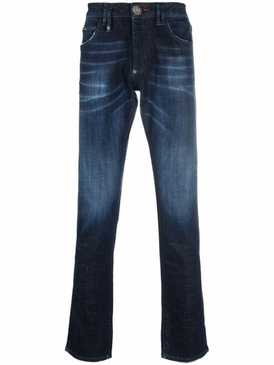 Philipp Plein Iconic Logo Super-straight Cut Jeans In Blue