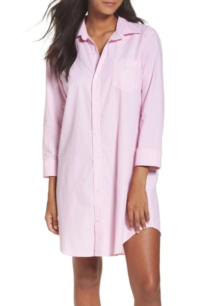 Lauren Ralph Lauren Cotton Poplin Sleep Shirt In Stripe Lagoon Pink/ White