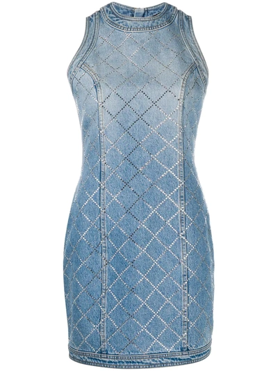 Balmain Rhinestone-embellished Fitted Denim Dress In Light Wash Denim