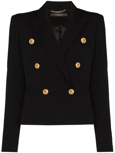 Versace Double Breasted Wool Gabardine Blazer In Black