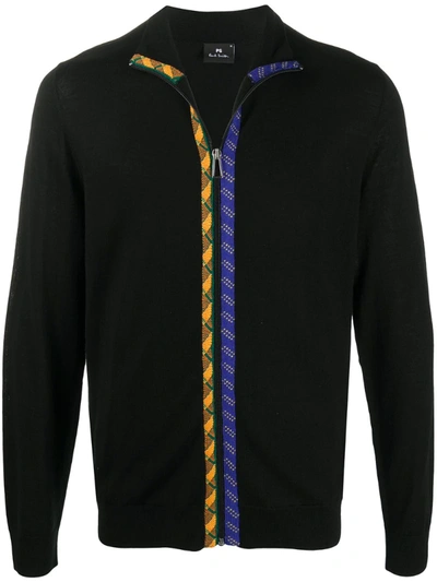 Ps By Paul Smith 'rope' Trims Zip-through Cardigan In Black