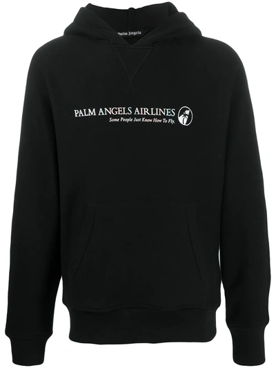 Palm Angels Palm Airlines Print Cotton Jersey Hoodie In Black
