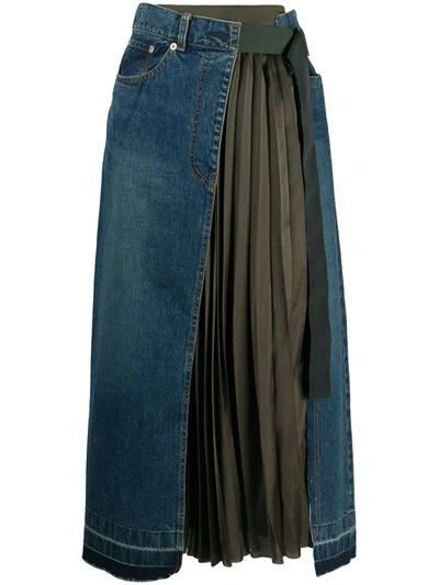 Sacai Nylon Pleated Back Denim Midi Skirt In Blue