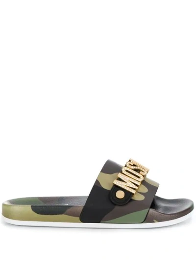 Moschino Pool Slides Military Crystal Logo In Green