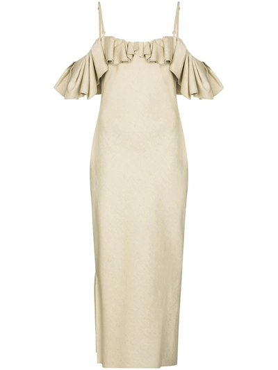 Jacquemus Pampelonne Cold-shoulder Ruffled Cotton And Linen-blend Midi Dress In Green
