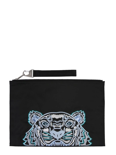 Kenzo Tiger And Logo Canvas Large Pouch In Black