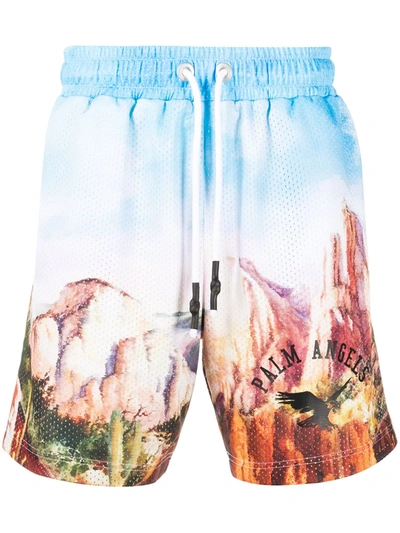 Palm Angels Landscape-print Logo Track Shorts In Blue