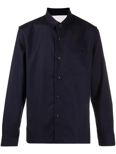 Officine Generale Solid Wool Flannel Button-up Shirt In Navy
