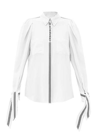 Burberry Mollie Striped Logo-placket Silk Blouse In White
