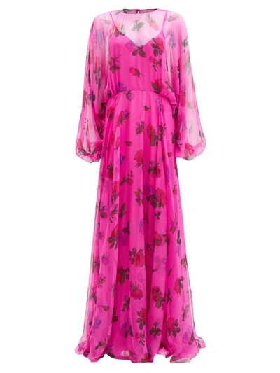 Valentino Balloon-sleeve Floral-print Silk-organza Gown In Creamy Berry Multicolor
