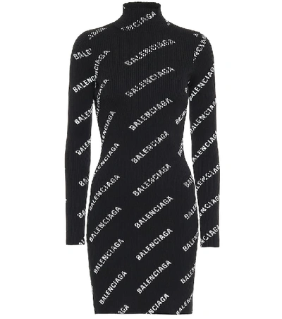 Balenciaga Logo Ribbed-knit Minidress In Black
