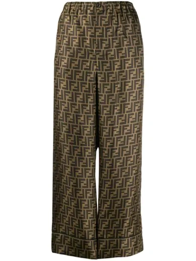 Fendi Printed Silk Wide-leg Cropped Pants In Brown