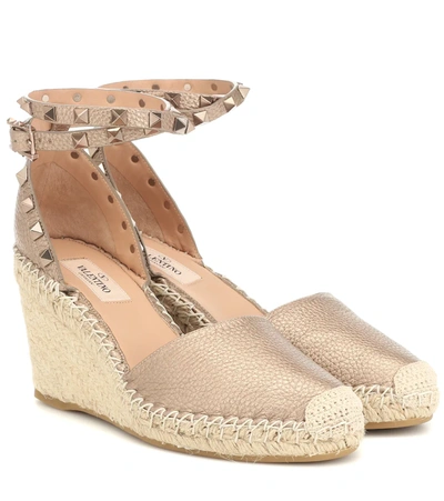 Valentino Garavani Neutrals Neutral Rockstud 85 Leather Wedge Espadrilles