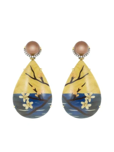 Silvia Furmanovich 18kt Yellow Gold Diamond Marquetry Cherry Blossom Teardrop Earrings In Ylwgold