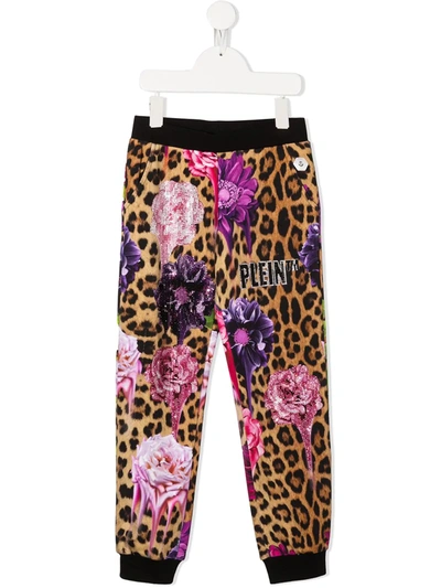 Philipp Plein Junior Kids' Leopard Floral Print Trousers In Yellow