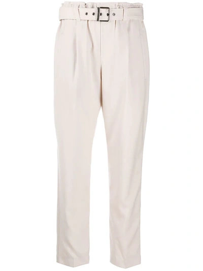Brunello Cucinelli Cropped Belted Wool Tapered Pants In Beige
