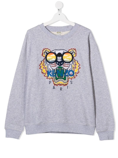 Kenzo Teen Tiger Embroidered Cotton Sweatshirt In Grey