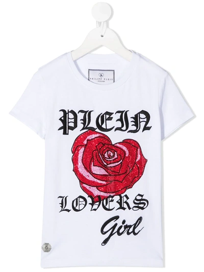 Philipp Plein Junior Kids' Crystal-embellished Rose-print T-shirt In White