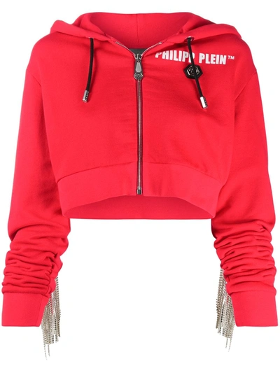 Philipp Plein Crystal-fringe Hoodie In Red