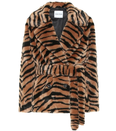 Stand Studio Tiffany Short Tiger Print Faux Fur Belted Jacket In Classic Tiger