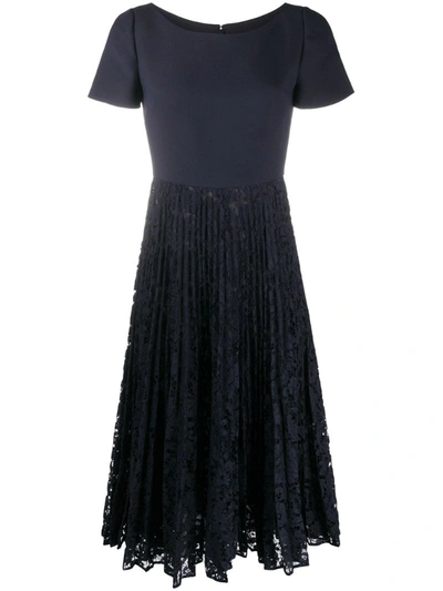 Valentino Pleated Lace-detail Dress In Blue