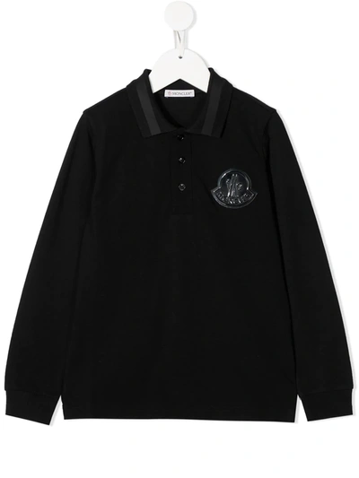 Moncler Teen Logo-patch Long Sleeved Polo Shirt In Black