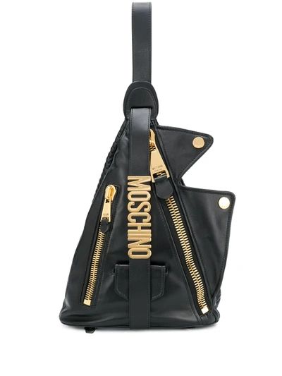 Moschino Angular Sheepskin Backpack With Gold Logo Lettering In Black