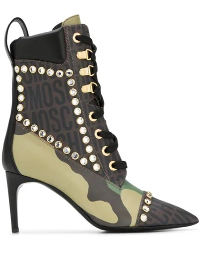 Moschino Camouflage Lace-up Boots In Green