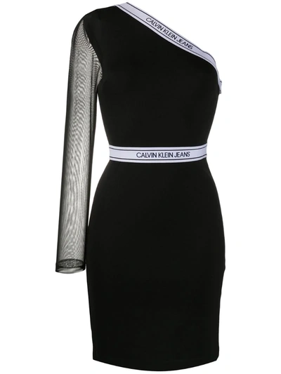 Calvin Klein Jeans Est.1978 Waistband Logo One-shoulder Dress In Black