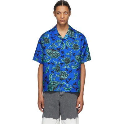 Givenchy Floral Print Silk Short Sleeve Shirt In Blue