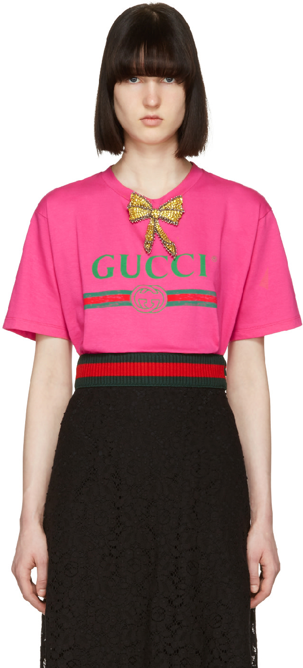 Gucci Crystal Bow Cotton Jersey T-shirt, Fuchsia In Pink | ModeSens