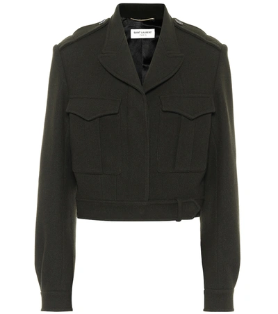 Saint Laurent Cropped Wool Gabardine Military Jacket In Green